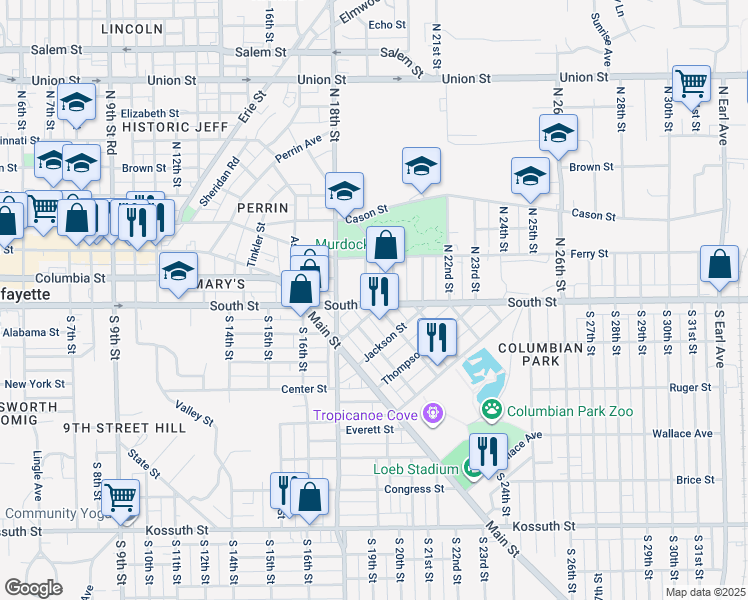 map of restaurants, bars, coffee shops, grocery stores, and more near 5 North 19th Street in Lafayette