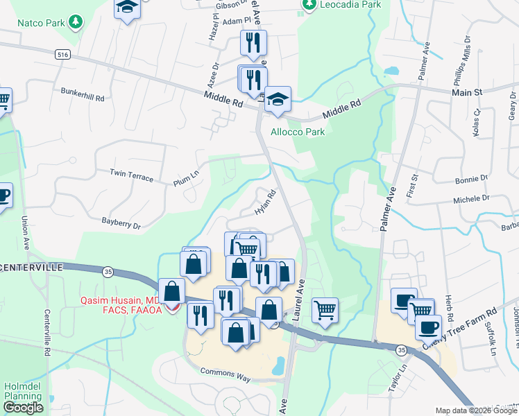 map of restaurants, bars, coffee shops, grocery stores, and more near 8 Oxford Road in Holmdel