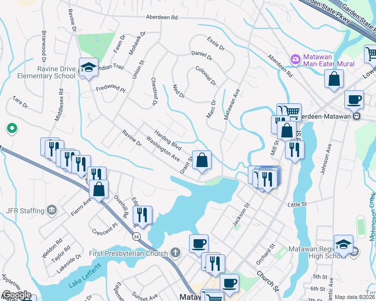 map of restaurants, bars, coffee shops, grocery stores, and more near 251 Harding Blvd in Matawan