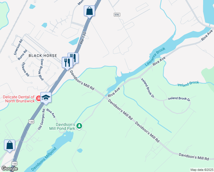 map of restaurants, bars, coffee shops, grocery stores, and more near 39 Davidson's Mill Road in North Brunswick Township