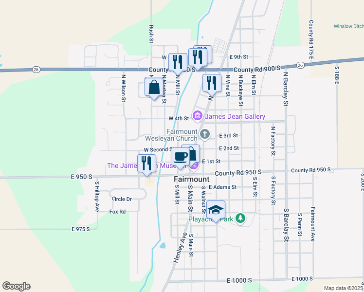 map of restaurants, bars, coffee shops, grocery stores, and more near 130 West Second Street in Fairmount