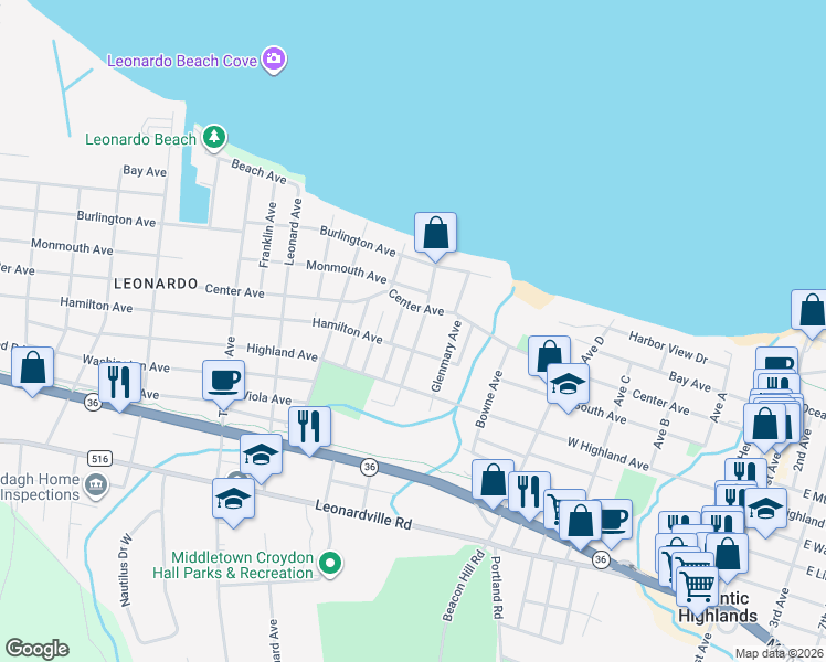 map of restaurants, bars, coffee shops, grocery stores, and more near 7 Bellevue Avenue in Middletown Township
