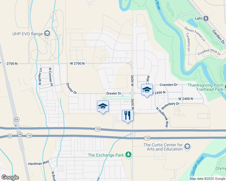 map of restaurants, bars, coffee shops, grocery stores, and more near 3807 West 2500 North in Lehi
