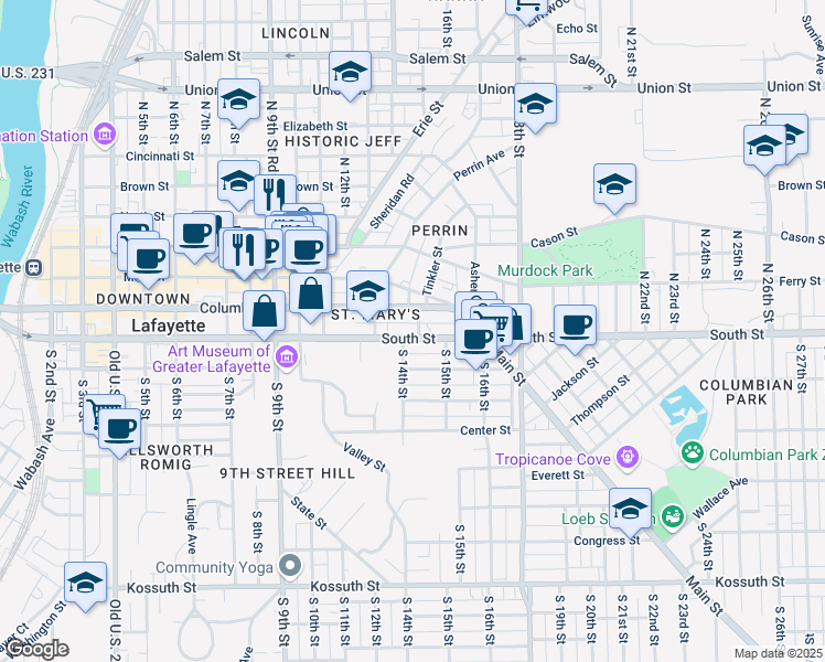 map of restaurants, bars, coffee shops, grocery stores, and more near 1332 South Street in Lafayette