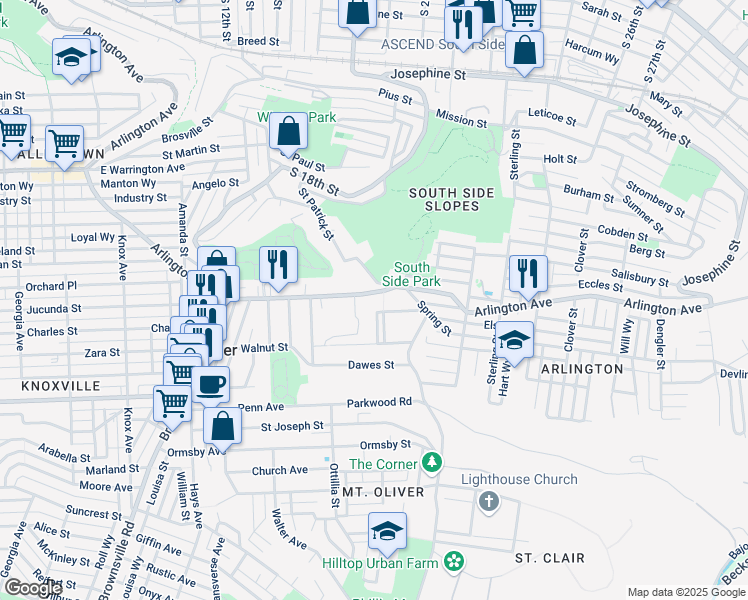 map of restaurants, bars, coffee shops, grocery stores, and more near 1914 Arlington Avenue in Pittsburgh