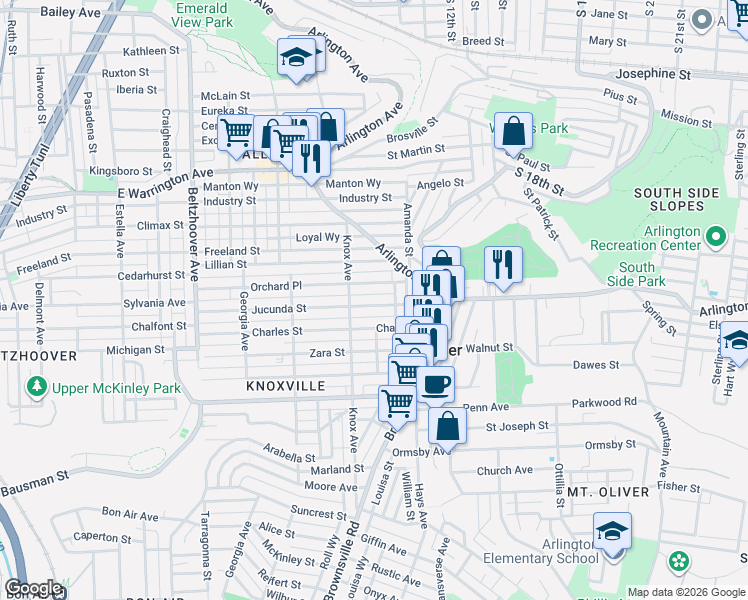 map of restaurants, bars, coffee shops, grocery stores, and more near 123 Jucunda Street in Pittsburgh