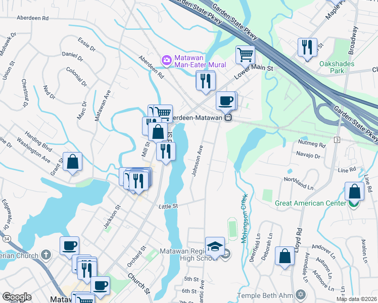 map of restaurants, bars, coffee shops, grocery stores, and more near 26/24 Johnson Avenue in Matawan