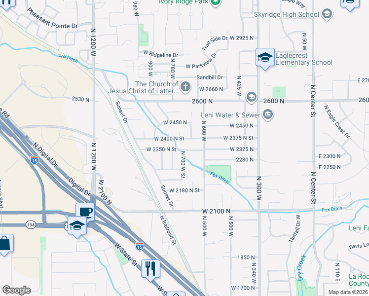 map of restaurants, bars, coffee shops, grocery stores, and more near 688 West 2350 North Street in Lehi