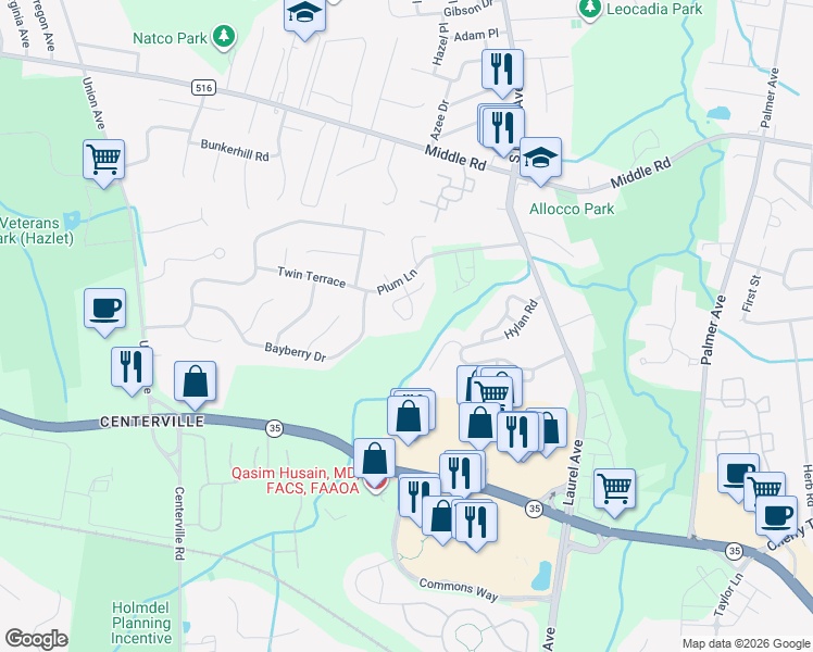 map of restaurants, bars, coffee shops, grocery stores, and more near 18 Painted Wagon Rd in Holmdel
