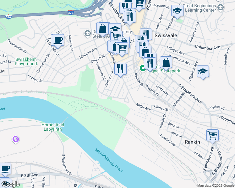 map of restaurants, bars, coffee shops, grocery stores, and more near 7306 Denniston Avenue in Pittsburgh