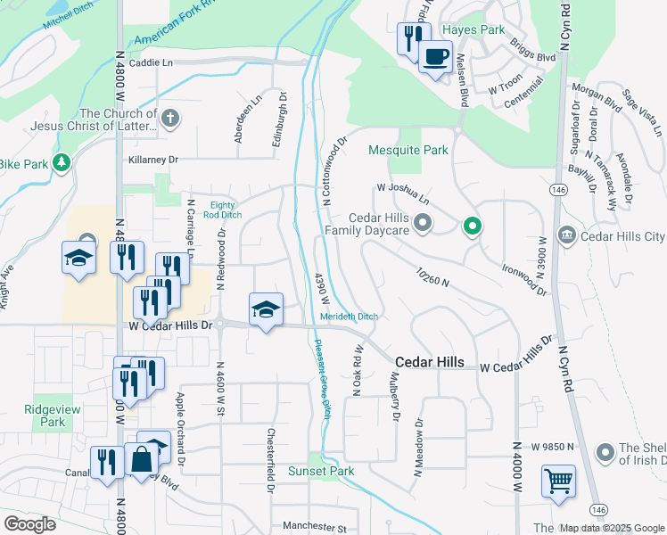 map of restaurants, bars, coffee shops, grocery stores, and more near 10207 North Cottonwood Drive in Cedar Hills