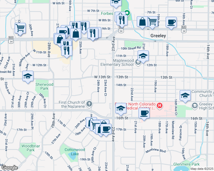 map of restaurants, bars, coffee shops, grocery stores, and more near 1400 23rd Avenue Court in Greeley