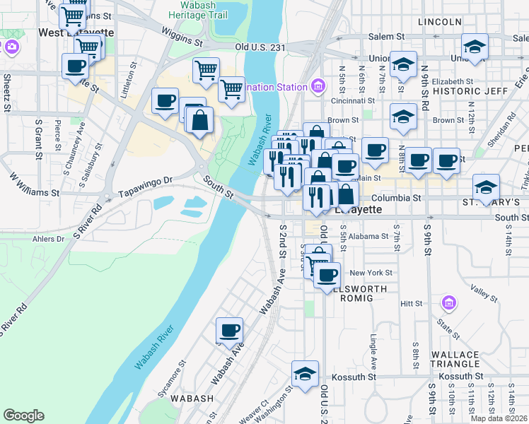 map of restaurants, bars, coffee shops, grocery stores, and more near 50 South Street in Lafayette