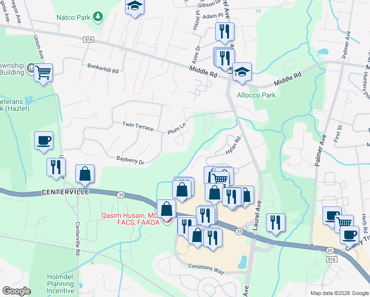 map of restaurants, bars, coffee shops, grocery stores, and more near 22 Painted Wagon Road in Holmdel