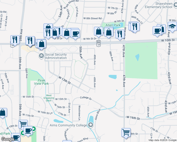 map of restaurants, bars, coffee shops, grocery stores, and more near 1204 50th Avenue in Greeley