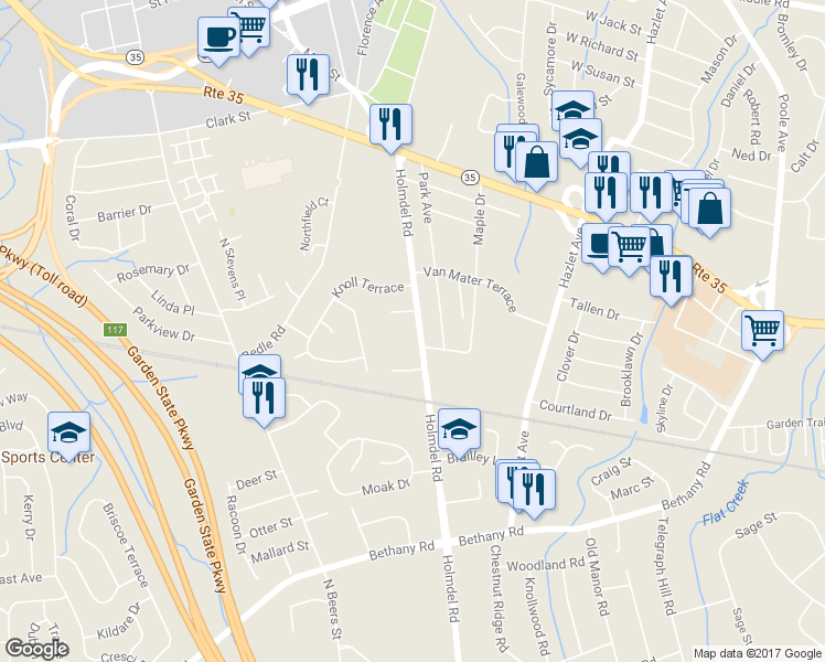 map of restaurants, bars, coffee shops, grocery stores, and more near 610 Holmdel Road in Hazlet