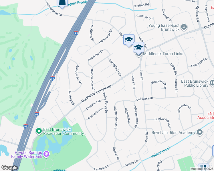 map of restaurants, bars, coffee shops, grocery stores, and more near 299 Dunhams Corner Road in East Brunswick