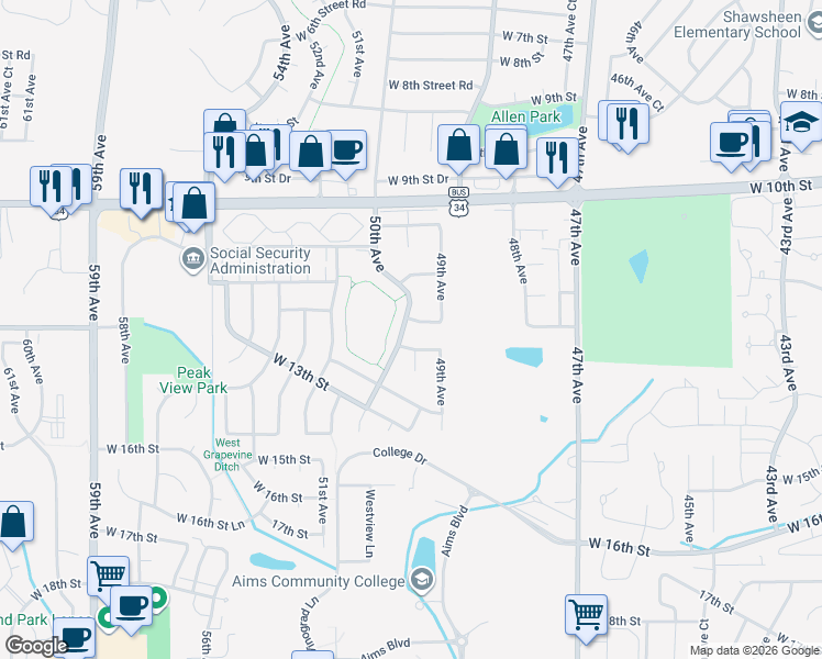 map of restaurants, bars, coffee shops, grocery stores, and more near 1204 50th Avenue in Greeley