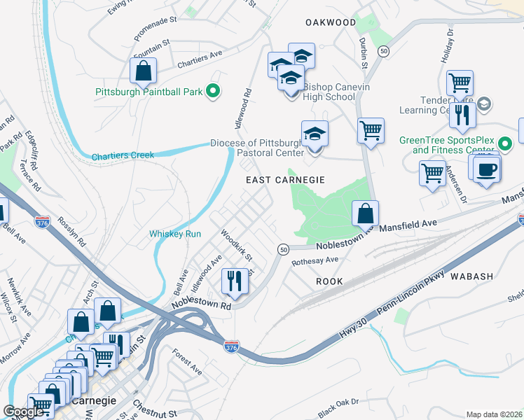 map of restaurants, bars, coffee shops, grocery stores, and more near 1017 Idlewood Avenue in Carnegie
