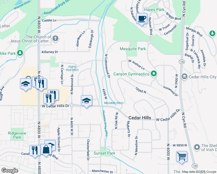 map of restaurants, bars, coffee shops, grocery stores, and more near 10207 North Cottonwood Drive in Cedar Hills