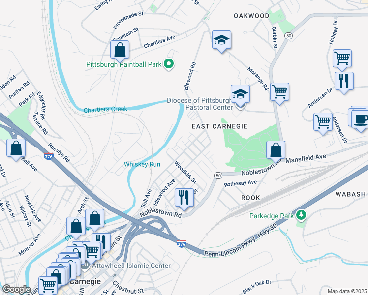 map of restaurants, bars, coffee shops, grocery stores, and more near 969 Bell Avenue in Carnegie