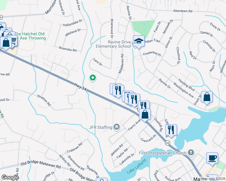 map of restaurants, bars, coffee shops, grocery stores, and more near 31 Middlesex Road in Matawan