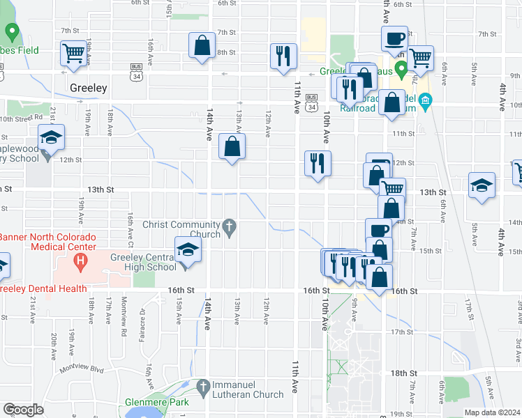 map of restaurants, bars, coffee shops, grocery stores, and more near 1315 12th Avenue in Greeley