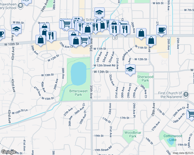 map of restaurants, bars, coffee shops, grocery stores, and more near 3420 West 13th Street in Greeley