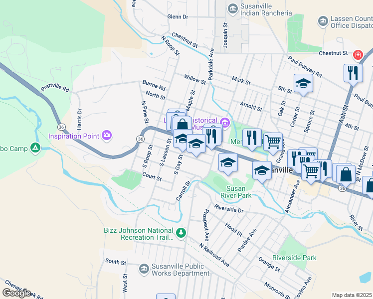 map of restaurants, bars, coffee shops, grocery stores, and more near 807 Cottage Street in Susanville