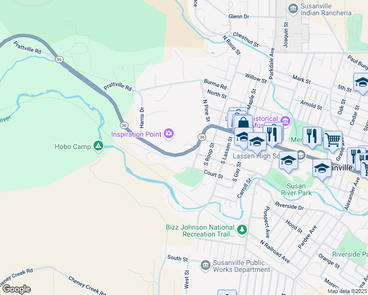 map of restaurants, bars, coffee shops, grocery stores, and more near 410 Quarry Street in Susanville