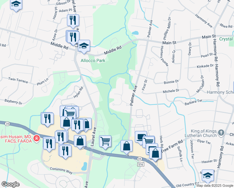 map of restaurants, bars, coffee shops, grocery stores, and more near 114 Gettysburg Lane in Holmdel