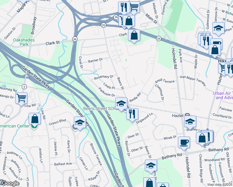 map of restaurants, bars, coffee shops, grocery stores, and more near 15 Parkview Drive in Hazlet