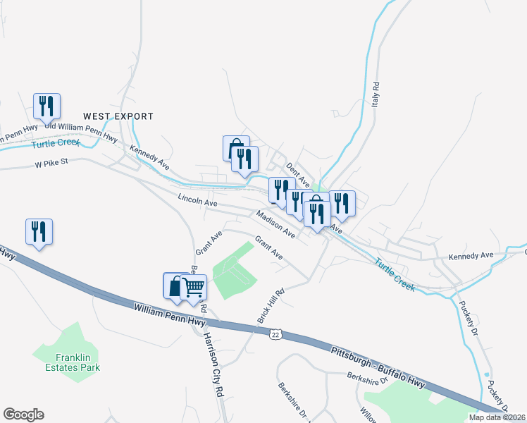 map of restaurants, bars, coffee shops, grocery stores, and more near 5797 Madison Avenue in Export