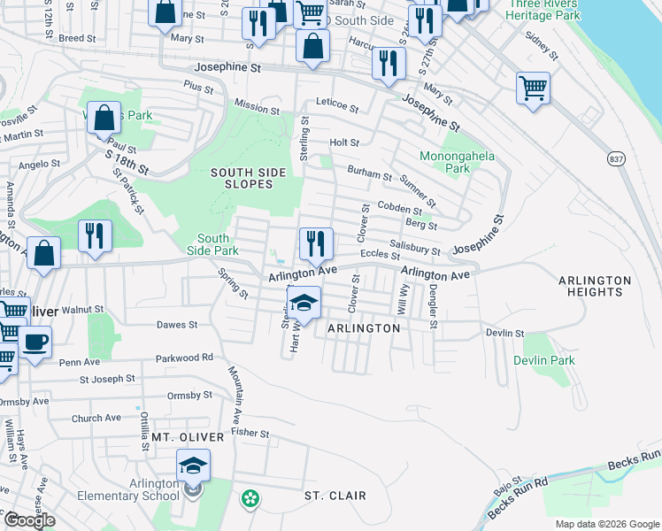 map of restaurants, bars, coffee shops, grocery stores, and more near 2405 Arlington Avenue in Pittsburgh