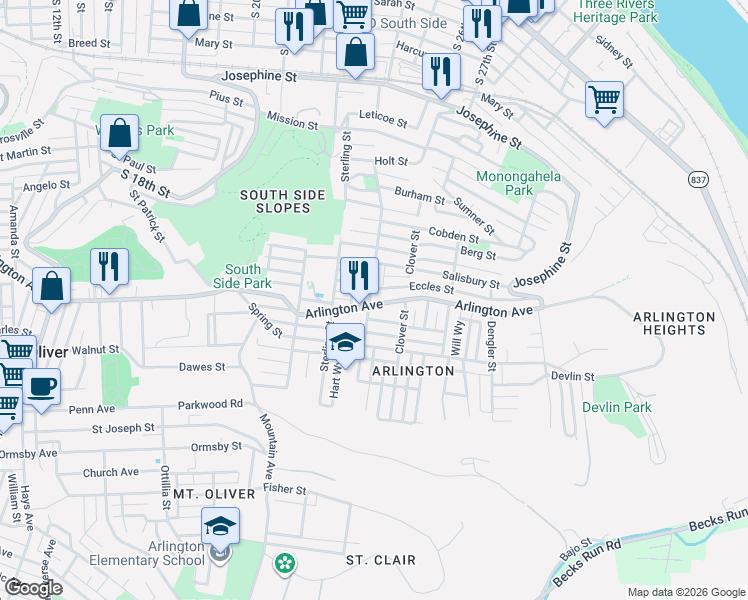map of restaurants, bars, coffee shops, grocery stores, and more near 2405 Arlington Avenue in Pittsburgh