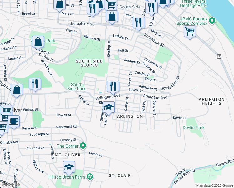map of restaurants, bars, coffee shops, grocery stores, and more near 2405 Arlington Avenue in Pittsburgh
