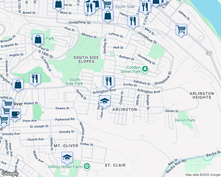 map of restaurants, bars, coffee shops, grocery stores, and more near 2405 Arlington Avenue in Pittsburgh