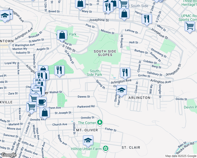 map of restaurants, bars, coffee shops, grocery stores, and more near 2110 Arlington Avenue in Pittsburgh