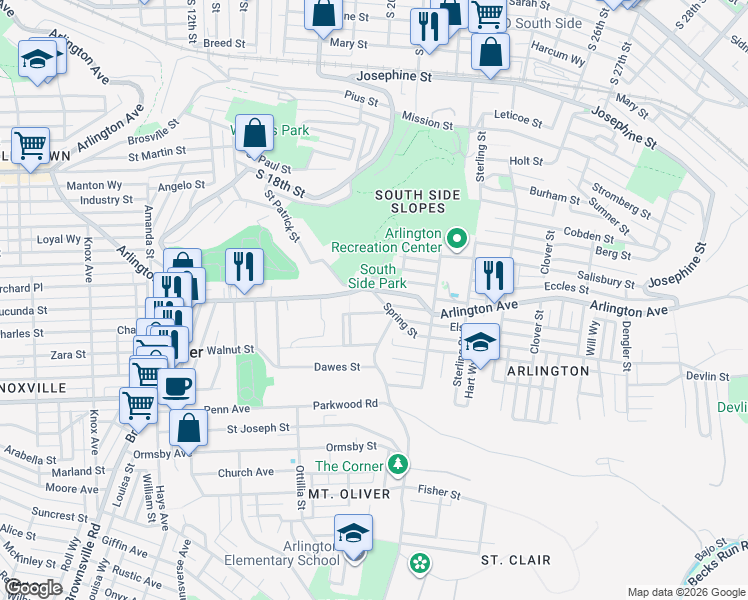 map of restaurants, bars, coffee shops, grocery stores, and more near 2002 Spring Street in Pittsburgh