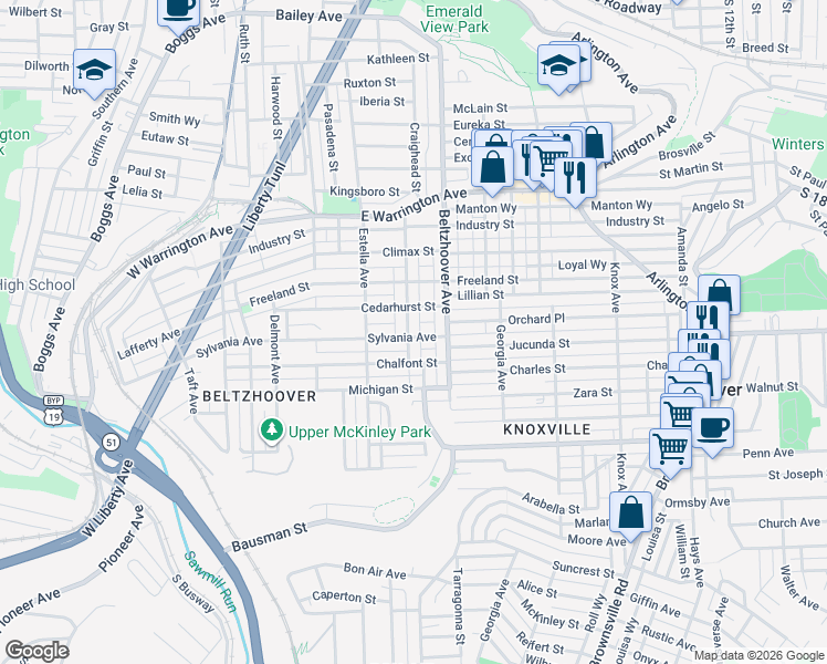 map of restaurants, bars, coffee shops, grocery stores, and more near 519 Sylvania Avenue in Pittsburgh