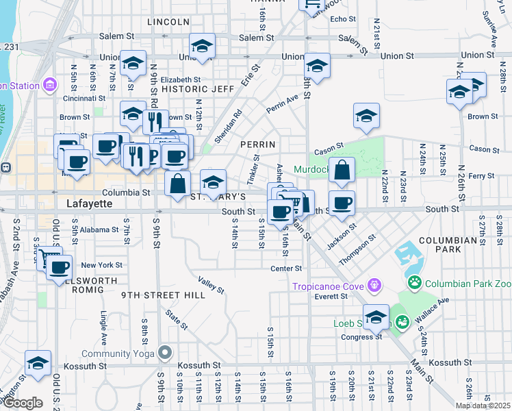 map of restaurants, bars, coffee shops, grocery stores, and more near 1444 South Street in Lafayette