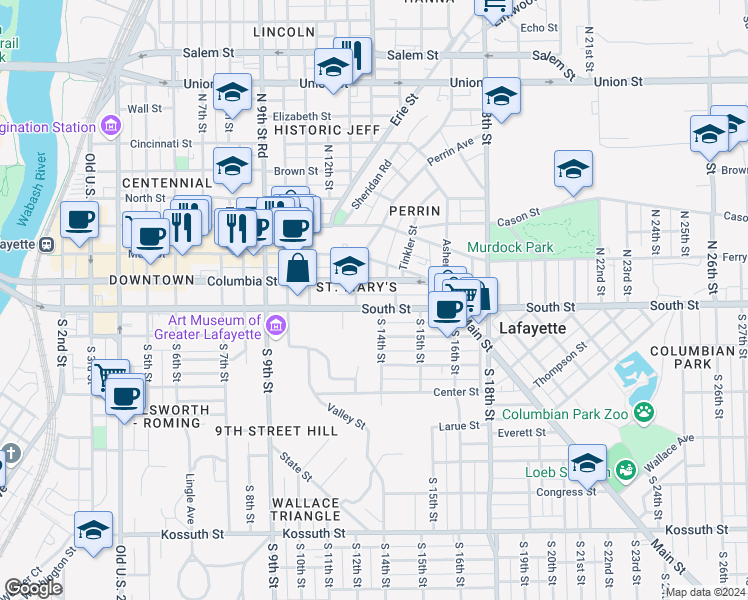 map of restaurants, bars, coffee shops, grocery stores, and more near 1332 South Street in Lafayette