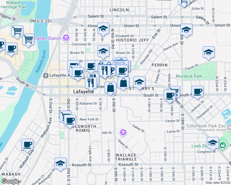 map of restaurants, bars, coffee shops, grocery stores, and more near in Lafayette