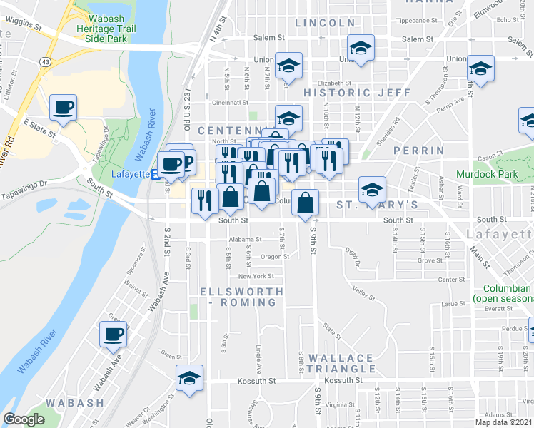 map of restaurants, bars, coffee shops, grocery stores, and more near 630 South Street in Lafayette