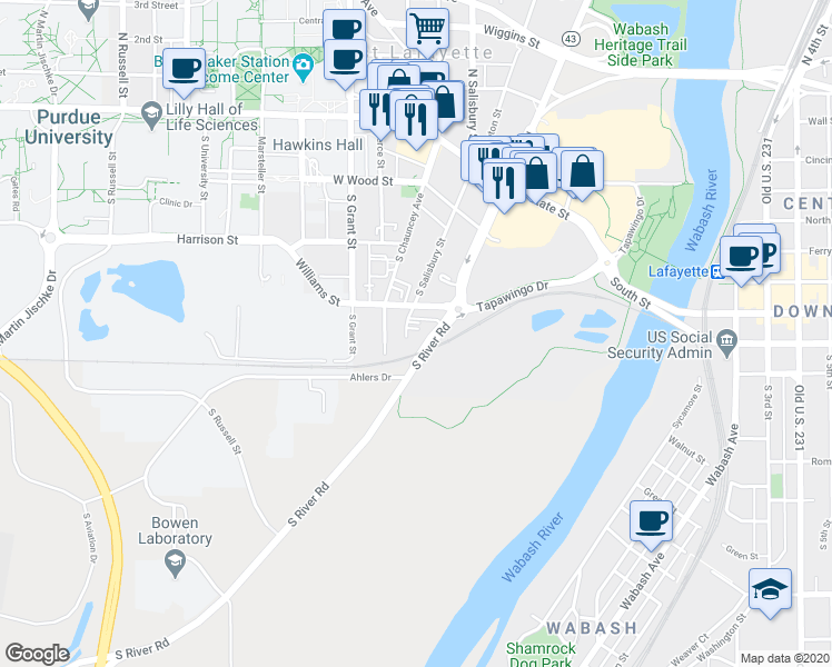 map of restaurants, bars, coffee shops, grocery stores, and more near 428 South Chauncey Avenue in West Lafayette