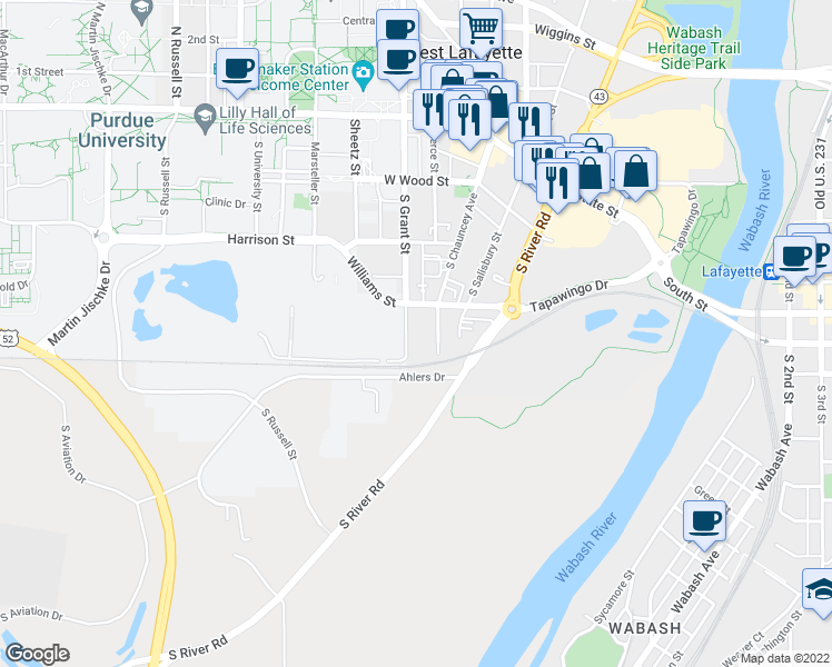 map of restaurants, bars, coffee shops, grocery stores, and more near 426 South Grant Street in West Lafayette