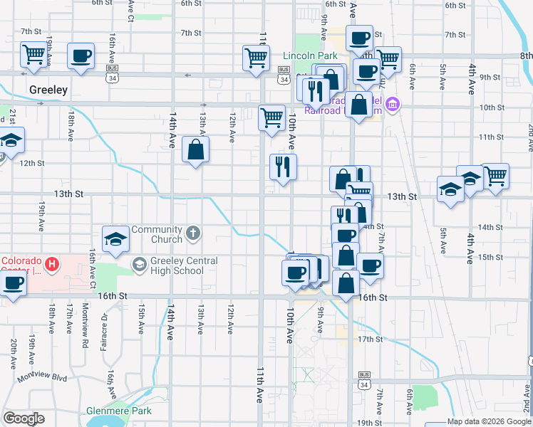 map of restaurants, bars, coffee shops, grocery stores, and more near 1019 14th Street in Greeley