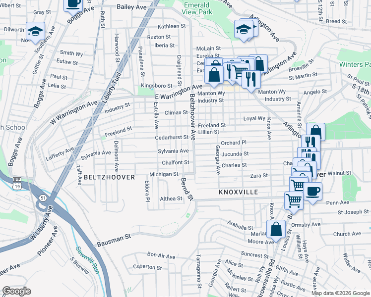 map of restaurants, bars, coffee shops, grocery stores, and more near 519 Sylvania Avenue in Pittsburgh