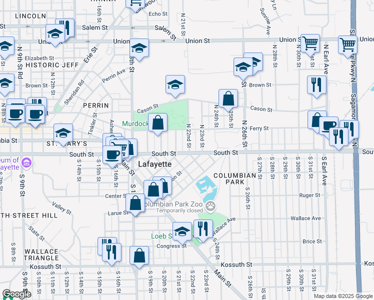 map of restaurants, bars, coffee shops, grocery stores, and more near 2120 South Street in Lafayette