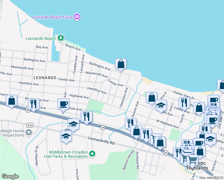 map of restaurants, bars, coffee shops, grocery stores, and more near 7 Bellevue Avenue in Leonardo